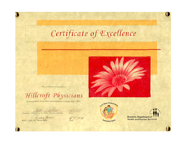 2010 Certificate of Excellence from Houston Department of Health and Human Services